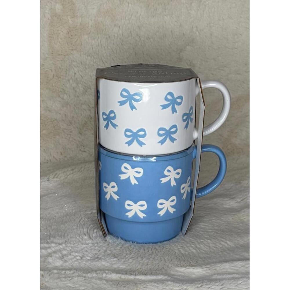 Blue & White Bow Ceramic Mug Set of 2 – Cute Stackable Coffee Tea Cups